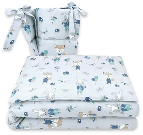 Lenjerie patut 3 piese, Qmini, Pentru patut 120x60 cm, Cu protectie laterala, Din bumbac certificat Oeko Tex Standard 100, Fox and Rabbit, Blue