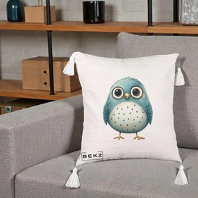 Perna Decorativa Pasare Teal cu Buline Teal, 40x40 cm, Bej cu Franjuri, Husa Detasabila, Perna Inclusa, BEKZ®