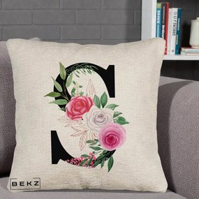 Cadou Personalizat - Perna Personalizata Monograma Florala Litera S, 40x40 cm, Bej Canapea, Husa Detasabila, Perna Inclusa, BEKZ®