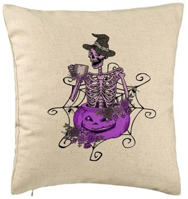 Perna Decorativa cu motiv Sechelet de Halloween 4, 40x40 cm, Bej, Husa Detasabila, Burduf