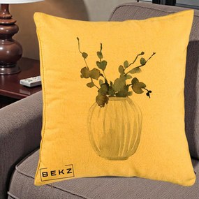 Perna Decorativa Vaza cu Eucalipt Watercolor, 40x40 cm, Galben, Husa Detasabila, Perna Inclusa, BEKZ®