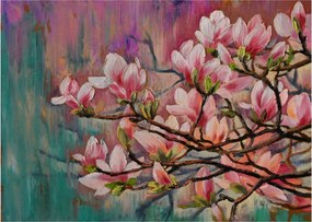 Tablou pe sticlă - Pictură în ulei, Sakura în floare (70x50 cm)
