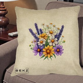 Perna Decorativa Lavanda Musetel si Flori Mov, 40x40 cm, Crem, Husa Detasabila, Perna Inclusa, BEKZ®