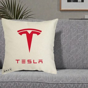 Perna Personalizata cu emblema Tesla, 40x40 cm, Ecru, Husa Detasabila, Perna Inclusa, BEKZ®