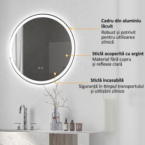 kleankin Oglindă de baie rotundă cu LED 80 cm, 3 culori, 3000-6500K, comenzi touch, memorie, antiaburire | Aosom Romania