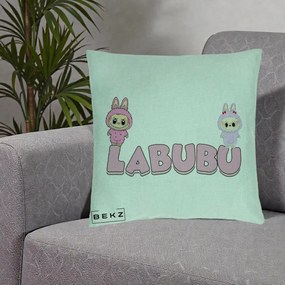 Perna Personalizata Labubu Duo Roz-Lila cu Text, 40x40 cm, Verde Menta, Husa Detasabila, Perna Inclusa, BEKZ®