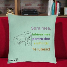 Cadou pentru Sora - Perna Personalizata Sora Mea Te Iubesc Line Art Fete Colorate Brate Ridicate, 40x40 cm, Verde Menta, Husa Detasabila, Perna Inclusa, BEKZ®