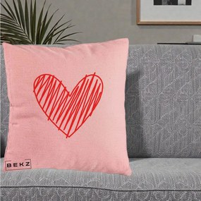 Perna Decorativa Inima Rosie Desen Manual, 40x40 cm, Roz, Husa Detasabila, Perna Inclusa, BEKZ®