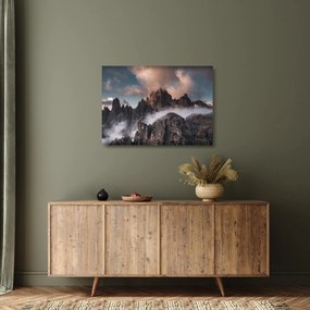 Tablou pe sticlă - Dolomiți Italieni ascunși în ceață (70x50 cm)