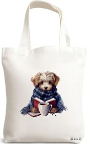 Sacosa de Panza pentru Cumparaturi, Geanta Tote, model Reading puppy 19 38 x 34.5 cm, Alba, BEKZ®