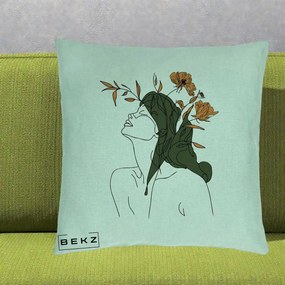 Perna Decorativa Portret Feminin Profil Flori Portocalii, 40x40 cm, Verde Menta, Husa Detasabila, Perna Inclusa, BEKZ®