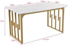 Masă de prânz modernă dreptunghiulară, cu blat din MDF cu model de marmură, 140x80x75 cm, Alb+Auriu