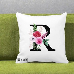 Cadou Personalizat - Perna Personalizata Monograma Florala Litera R, 40x40 cm, Alba Mata, Husa Detasabila, Perna Inclusa, BEKZ®