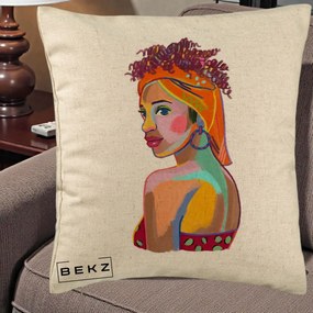 Perna Decorativa Portret Femeie Colorat Pop Art, 40x40 cm, Bej, Husa Detasabila, Perna Inclusa, BEKZ®