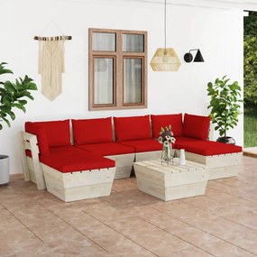 Set mobilier gradina din paleti cu perne, 7 piese, lemn molid Rosu, 2x colt + 2x mijloc + masa + 2x suport pentru picioare, 1