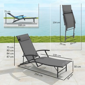 Outsunny Set de 2 Șezlonguri Pliante, Ajustabile în 4 Poziții cu Cotiere și Perne, 64x154x87 cm, Gri | Aosom Romania