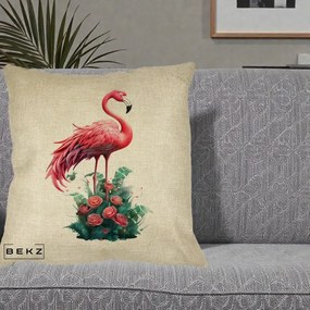 Perna Decorativa Flamingo cu Trandafiri Tropicali, 40x40 cm, Crem, Husa Detasabila, Perna Inclusa, BEKZ®