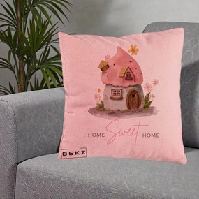 Perna Decorativa Home Sweet Home Casuta, 40x40 cm, Roz, Husa Detasabila, Perna Inclusa, BEKZ®