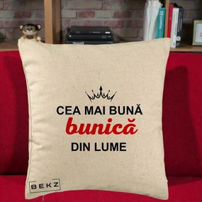 Cadou pentru Bunica - Perna Personalizata Cea Mai Buna Bunica Din Lume Coroana Neagra, 40x40 cm, Bej, Husa Detasabila, Perna Inclusa, BEKZ®