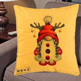 Perna Decorativa Pitic Gnom Craciun cu Coarne de Ren, 40x40 cm, Galben, Husa Detasabila, Perna Inclusa, BEKZ®