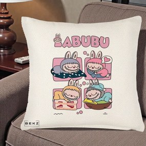 Perna Personalizata Labubu Sleeping Quad Grid, 40x40 cm, Crem Reliefat, Husa Detasabila, Perna Inclusa, BEKZ®