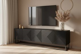 Comodă TV cu fronturi striate Asha 200 cm cu cadru metalic - negru mat