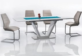 Masă dining, pliabilă, alb luciu extra ridicat / oţel, 160-220x90 cm, PERAK