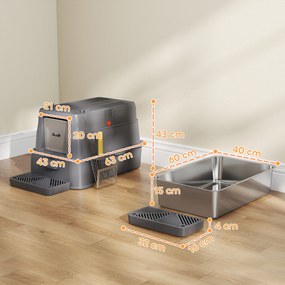 PawHut Litieră Închisă de 80L pentru Pisici cu Tavă Detașabilă, în ABS și Oțel Inoxidabil, 63x43x43 cm, Gri Închis | Aosom Romania