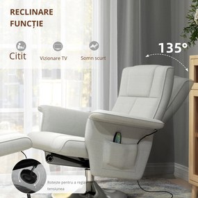 HOMCOM Fotoliu relaxant cu masaj și pouf, fotoliu TV cu spătar reglabil și șezut pivotant la 360° 78 x 95 x 88 cm crem | Aosom Romania