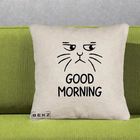Perna Decorativa Pisica Morocanoasa Good Morning, 40x40 cm, Bej Canapea, Husa Detasabila, Perna Inclusa, BEKZ®