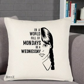 Perna Personalizata Wednesday Be a Wednesday, 40x40 cm, Crem Reliefat, Husa Detasabila, Perna Inclusa, BEKZ®