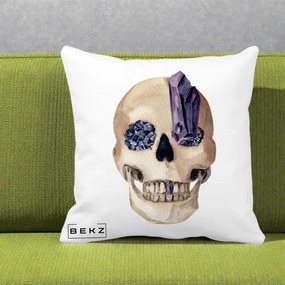 Perna Decorativa Craniu cu Cristale de Ametist, 40x40 cm, Alba Mata, Husa Detasabila, Perna Inclusa, BEKZ®