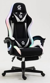 Scaun gaming cu masaj în perna lombară, sistem iluminare bandă LED RGB, suport picioare, material textil, Negru/Alb