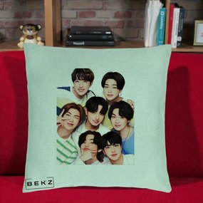 Perna Personalizata K-pop BTS Bangtan Boys Portret Grup Fanart, 40x40 cm, Verde Menta, Husa Detasabila, Perna Inclusa, BEKZ®