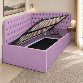 Pat tapițat pentru copii din catifea Elyra 140×200 cm, lila, colț stânga, cu ladă de depozitare