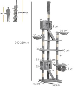 PawHut Arbore pentru pisici de la podea până la tavan, arbore pentru pisici reglabil în înălțime de la 240-260 cm la mai multe nivele, gri deschis | Aosom Romania