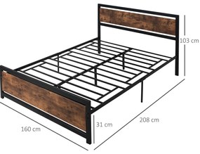 HOMCOM Cadru Pat Matrimonial din Lemn si Otel 160x200cm, Sipci Integrate si Tetiera in Stil Industrial, Negru Maro Rustic