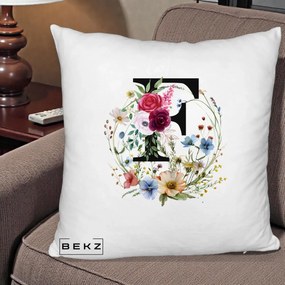 Cadou Personalizat - Perna Personalizata Monogram Litera F cu Flori Acuarela, 40x40 cm, Alb Pufos, Husa Detasabila, Perna Inclusa, BEKZ®