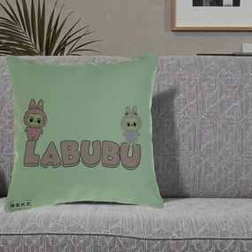 Perna Personalizata Labubu Duo Roz-Lila cu Text, 40x40 cm, Verde, Husa Detasabila, Perna Inclusa, BEKZ®
