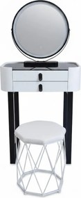 Set Bianca, Masă de toaletă pentru machiaj cu oglindă iluminată LED, control touch, taburet tapitat, 60x38x76 cm, Alb/Negru