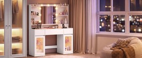 Masuta de machiaj 107 cm, cu Oglinda LED si 3 Sertare pentru Cosmetice, Set Masa toaleta Alba, masuta cosmetica, vanity cu dulapiore si rafturi -
