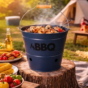 Găleată grătar BBQ portabilă Ø26 cm, metal zincat, culoare bleumarin mat, cu grătar și mâner, pentru camping și picnic