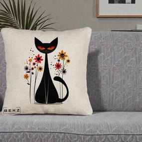 Perna Decorativa Pisica Neagra Ochi Rosii Flori, 40x40 cm, Bej Canapea, Husa Detasabila, Perna Inclusa, BEKZ®