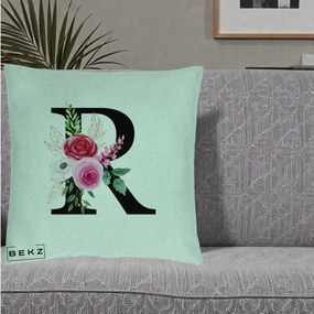 Cadou Personalizat - Perna Personalizata Monograma Florala Litera R, 40x40 cm, Verde Menta, Husa Detasabila, Perna Inclusa, BEKZ®
