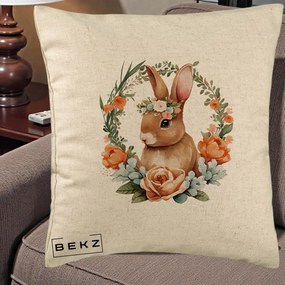 Perna Decorativa Iepuras Floral Coronita Acuarela, 40x40 cm, Bej, Husa Detasabila, Perna Inclusa, BEKZ®