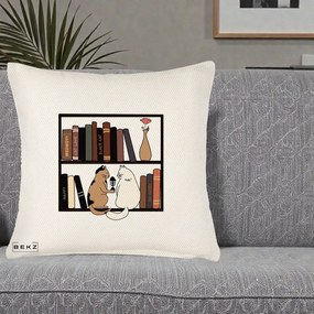 Perna Personalizata Pisici si Carti pe Raft, 40x40 cm, Crem Reliefat, Husa Detasabila, Perna Inclusa, BEKZ®