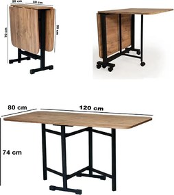 Masa Bucatarie pliabila cu roti Homs Nuc 120 x 80 x 74 cm