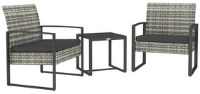 Outsunny Salon de jardin 3 piese 2 scaune cu perne + masă de cafea cu blat din sticlă securizată rășină tressée gri deschis | Aosom Romania