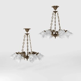 Candelabru 6 brate din alama cu abajur din sticla Putti