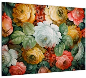 Tablou pe sticlă cu buchet pictat de flori (70x50 cm)